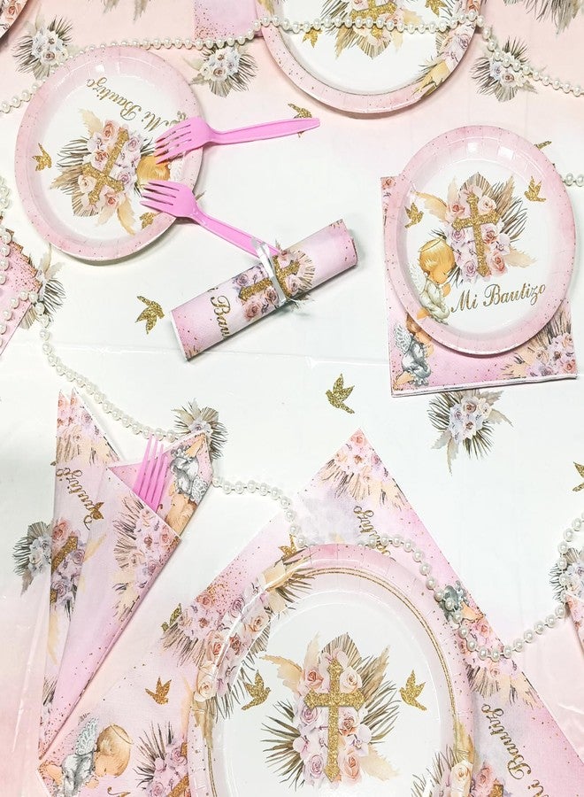 Lecheme Mi Bautizo Decorations for Girls 97 Pcs Pink Baptism Plates and Napkins Tablecloth Serve 24 Mi Primera First Communion Decorations God Bless Christening Party Supplies - Image 5